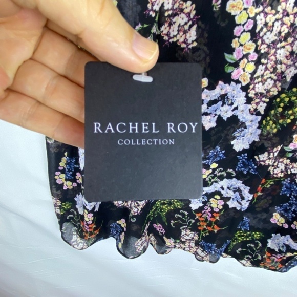 Rachel Roy Collection Women's Sz XL Black Floral Semi- Sheer Blouse Top Tie neck - Picture 9 of 9